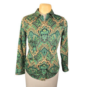 Jones New York Signature Women Paisley Button Up Shirt Green Saint Patrick's Day